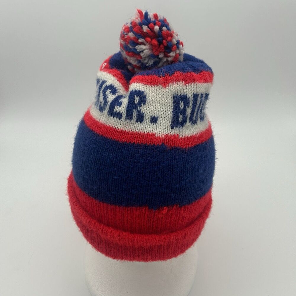 Vintage Budweiser Beer Knit Beanie Pom Pom Hat Red White Blue Winter Ski Cap